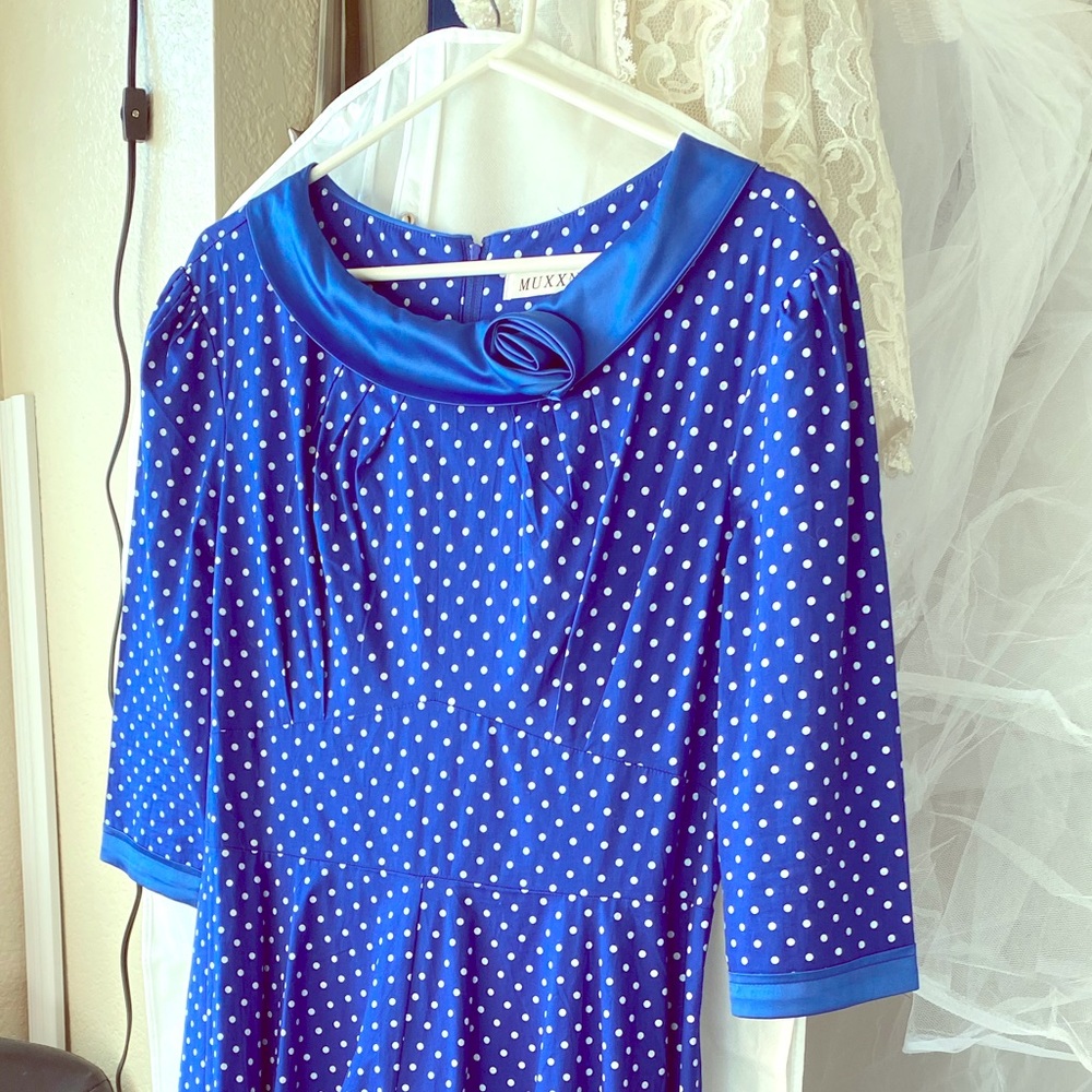 Blue dress with white polkadots